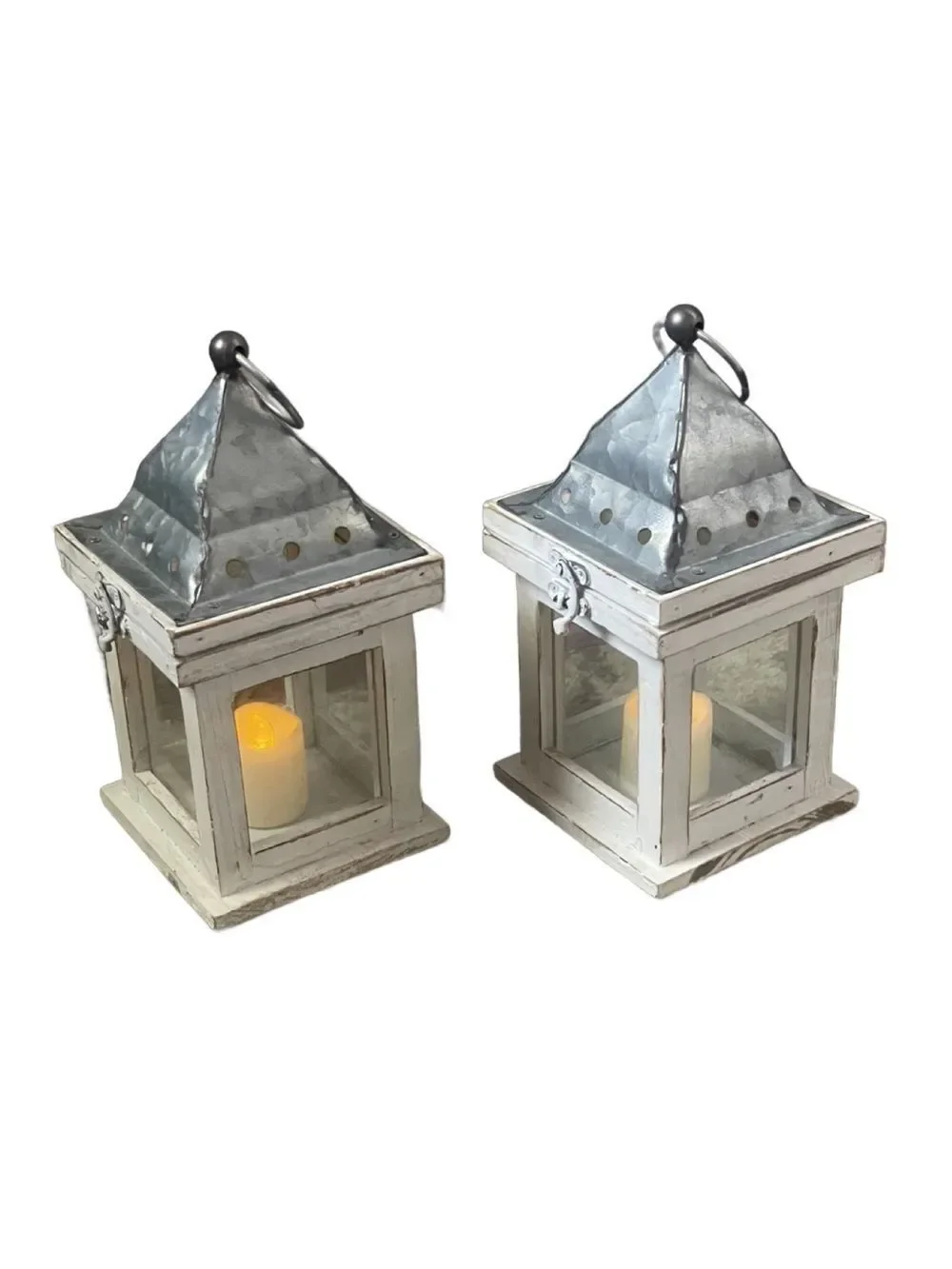 Rustic White Metal Lantern Pair with Glittery LED Candles